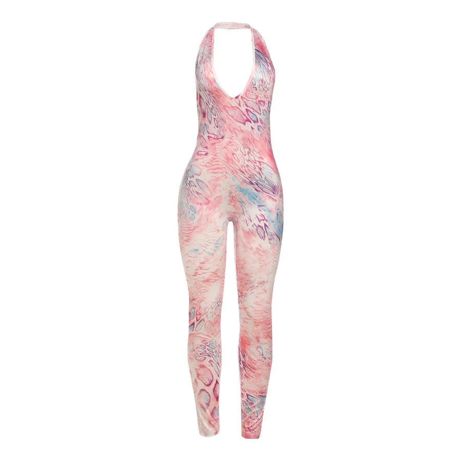 Weird Puss Colorful Print Jumpsuit Women Halter Deep v-Neck Sexy Backless Sleeveless Skinny Peach Hip Street Activity Overalls