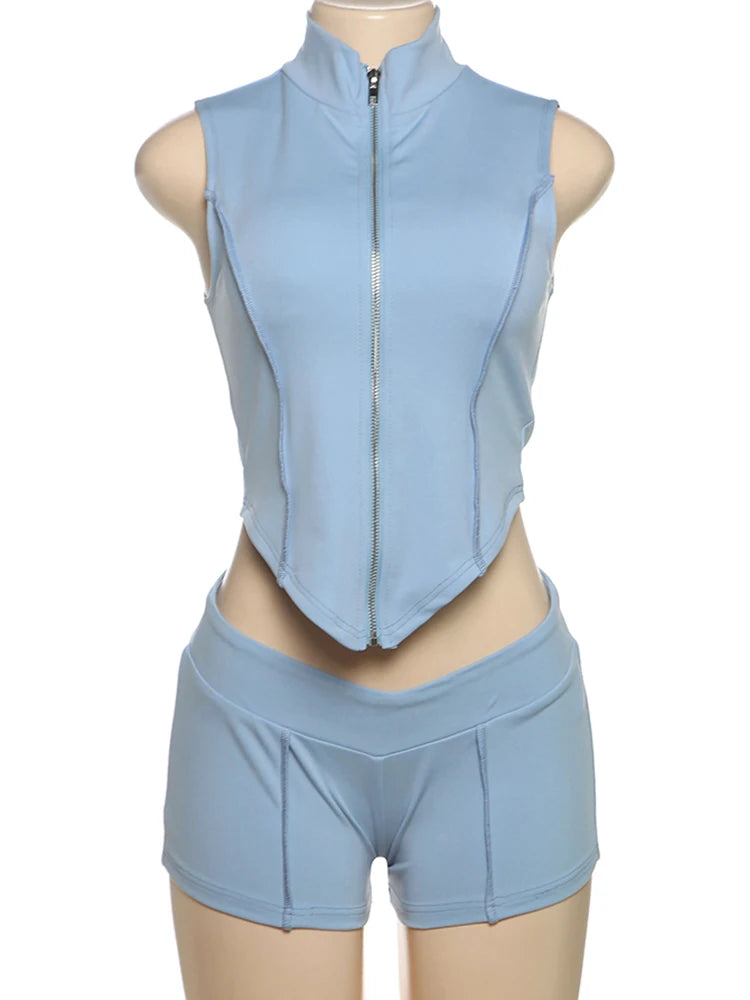Weird Puss Lines Patchwork 2 Piece Set Women Zipper Cardigan Irregular Crop Top+Skinny Peach Hip Shorts Simple Sporty Streetweas
