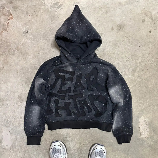 Retro Gothic Full Rhinestone Patch Letter Oversized Hoodie Women's Y2K New Harajuku Hip-Hop Casual Joker Sweatshirt Street Wear