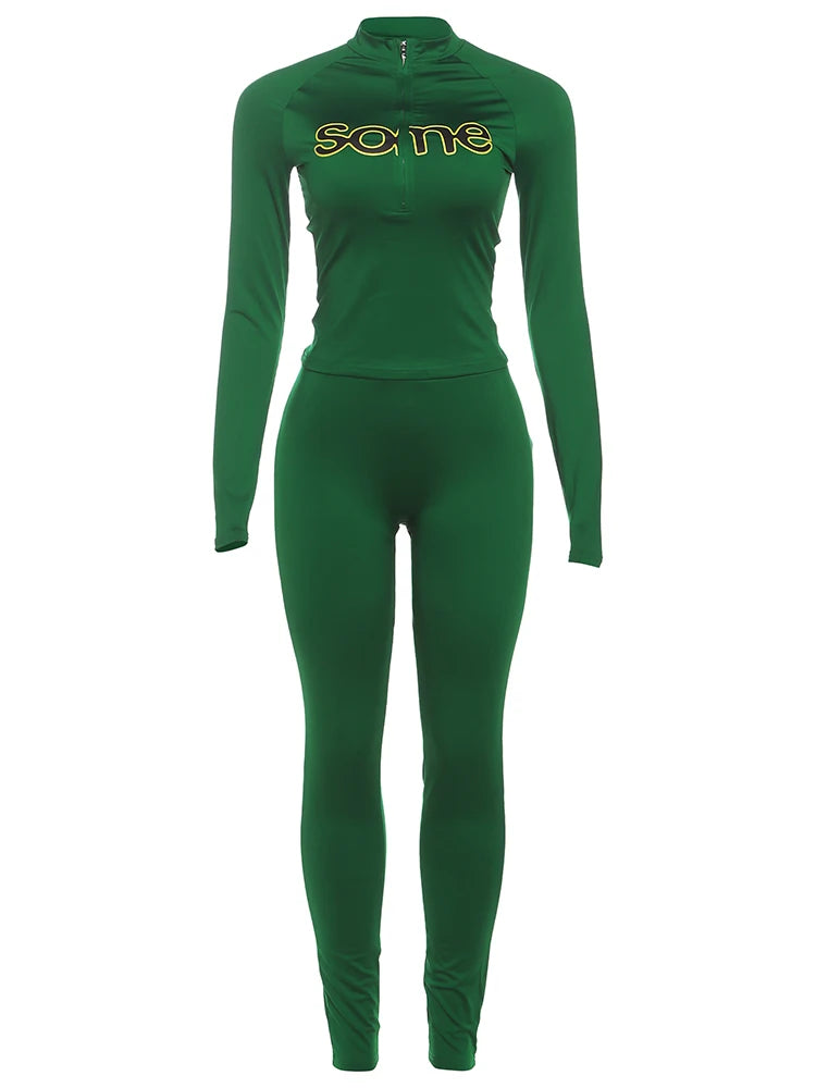 Weird Puss Casual Sporty Women2 Piece Set Letter Print Zip Crop Tops+Leggings Matching Street Stretch Skinny Streetwear Outfits