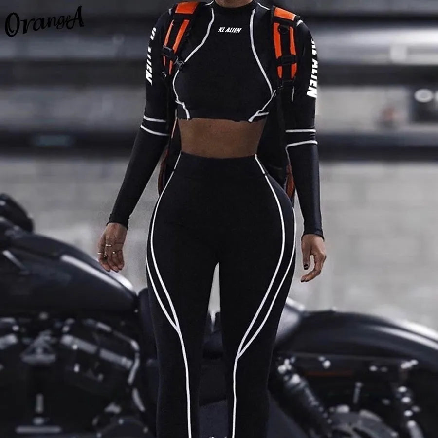 2Piece Set Fitness Full Sleeve Crop Top + Elastic Leggings