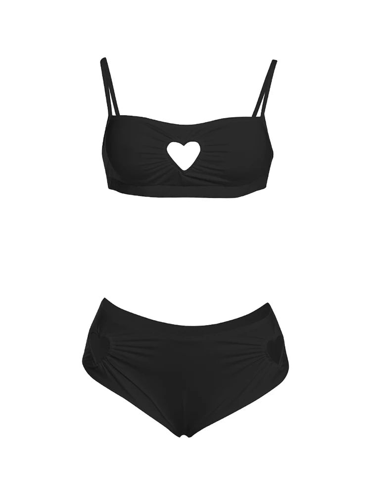 Weird Puss Heart Hollow 2 Piece Set Women Simple Vacation Camisole+Panties Beach Style Matching Stretch Street Comfortable Suit