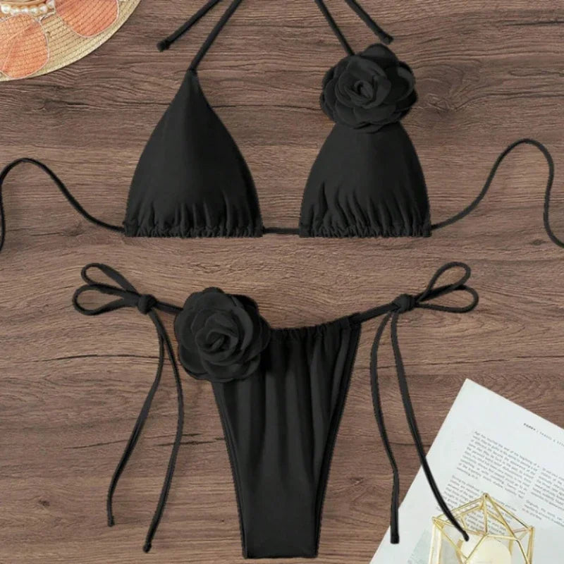 S - L Sexy 3D Flowers Halter Strappy Bikini, Swimwear Swimsuit Two-pieces Bikini Set Bather Bathing Suit Swim