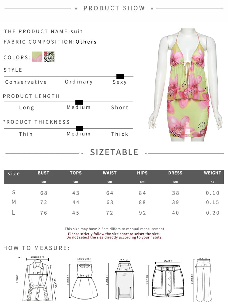 Weird Puss Flower Print Fashion 2 Piece Set Women Halter Lace-Up Backless Ruched Camisole+Skinny Skirt Vacation Beach Party Suit