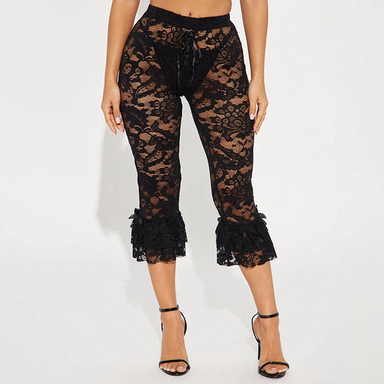 Lace Knee Length Pants, Summer Women Midi Waist Hollow Out Sexy Club Party See Through Leggings Pants