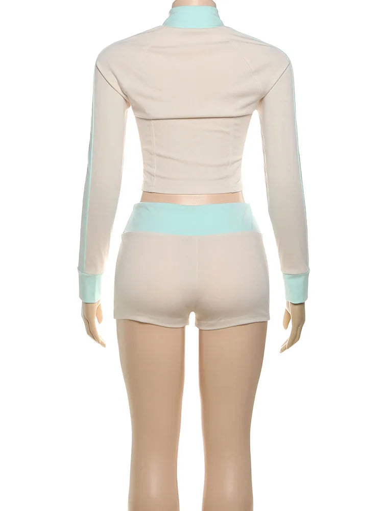 Weird Puss Casual Women 2Piece Set Letter Embroidery Zip Crop Jacket+Widewaist Shorts Matching Streetwear Stretch Sporty Outfits