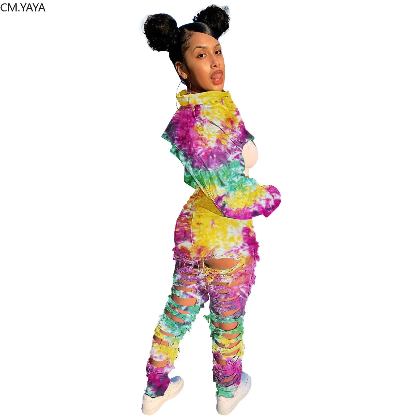 CM.YAYA Autumn Tie Dye Women Long Sleeve Mini jeans Coat Fashion Lady Jackets