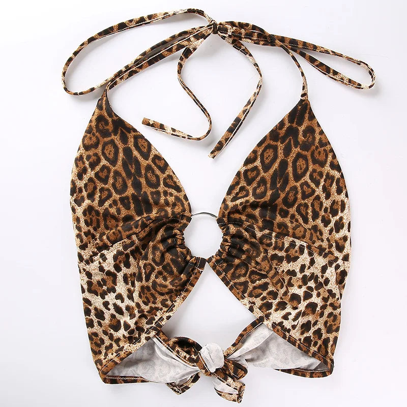 Leopard Print Halter Crop Top for Women Backless Bandage Lace-Up Sequin Metal Ring Detail Party Club Bustier 2025 Style