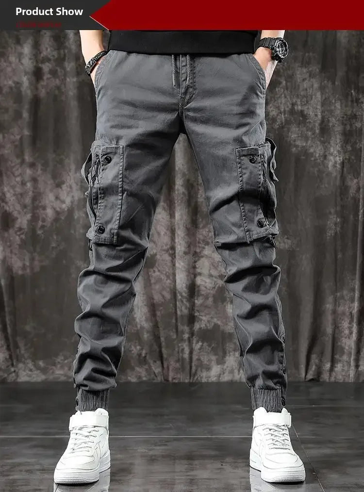 Trendy Men's Spring Autumn Cargo Pants Slim Fit Casual Style Loose Fit American Style Multiple Pocket Small Foot Pants Black
