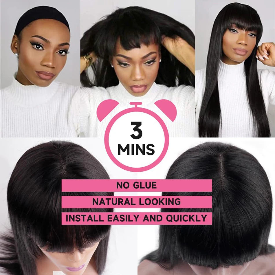 Wiggogo 3X1 Middle Part Lace Wig Bone Straight Human Hair Wig With Bangs Full Machine Made Straight Human Hair Wigs For Women