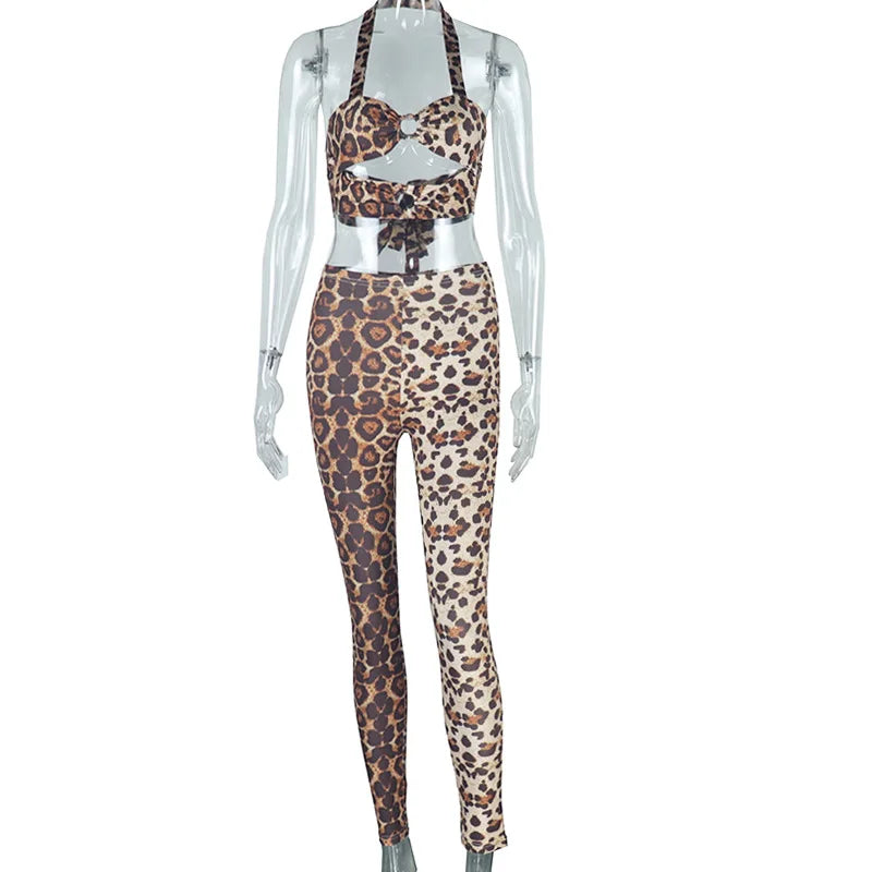 HLJ&GG Sexy Hollow Out Leopard Printing Two Piece Sets Women Halter Bandage Crop Top And Skinny Pants Outfits Fashion Streetwear