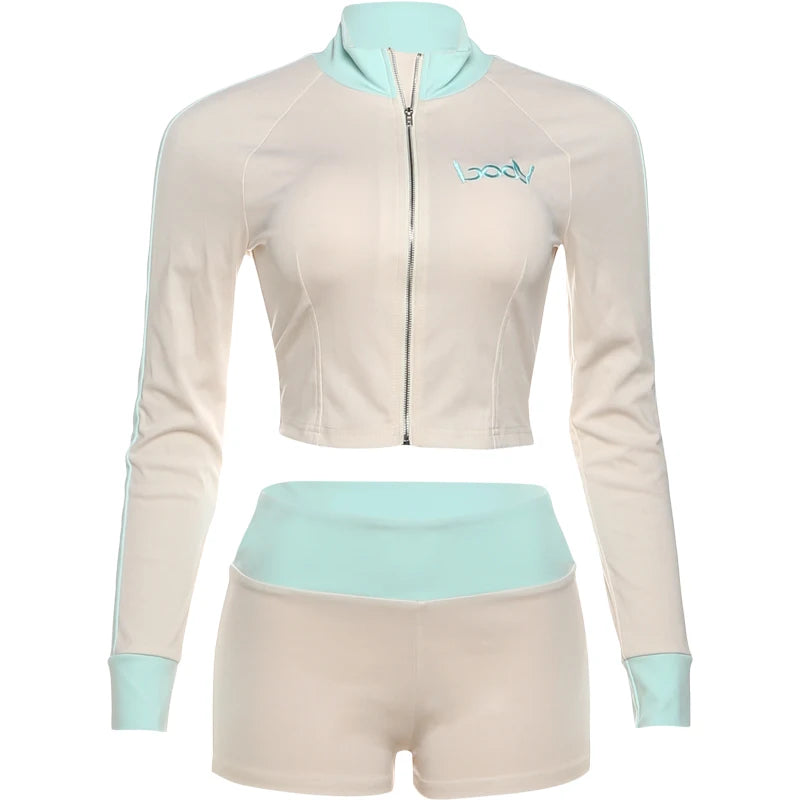 Weird Puss Casual Women 2Piece Set Letter Embroidery Zip Crop Jacket+Widewaist Shorts Matching Streetwear Stretch Sporty Outfits