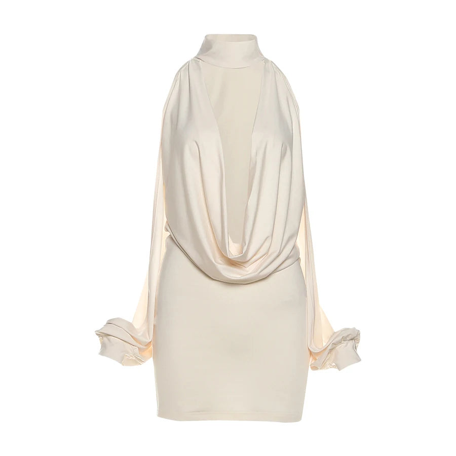 Weird Puss Sexy Swing Collar Dress Women Hollow Lantern Sleeve Halter Trend Birthday Party Club Stretch Streetwear Mini Bodycon