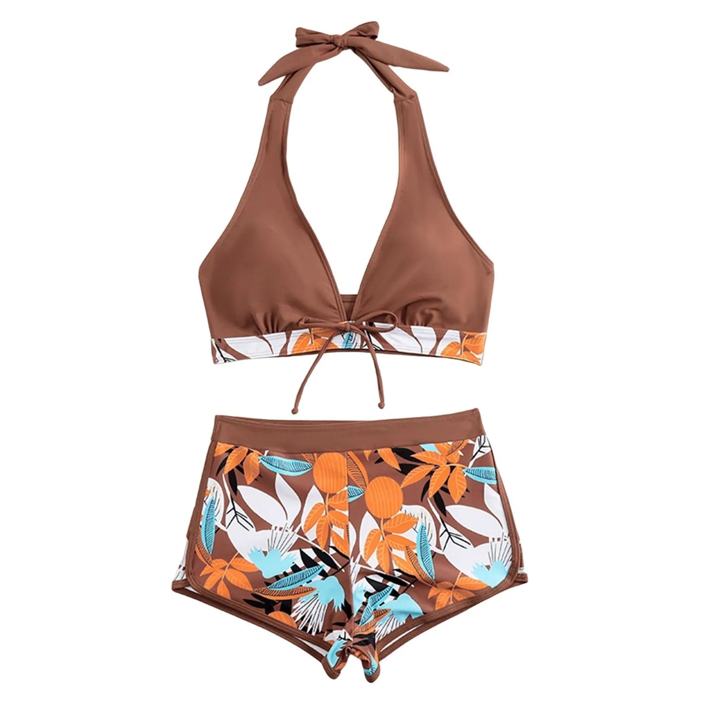 Shorts Bikinis Set  High Waist Swimsuit Women Swimwear  Plant Print Bathers Bathing Swim Suit Beachwear