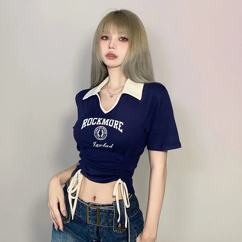 Drawstring Tie Up Crop Tops, Turndown Collar Graphic Short Sleeved Top