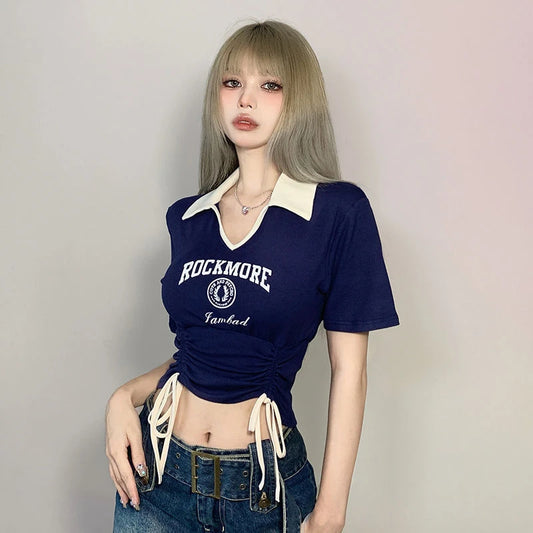 Drawstring Tie Up Crop Tops, Turndown Collar Graphic Short Sleeved Top