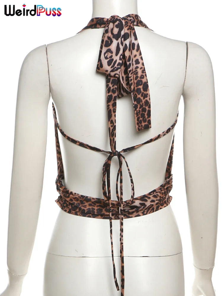 Weird Puss Halter Backless Tank Tops Women Sexy Hipster Swing Collar Leopard Print Summer Trend Hot Chick Wild Streetwear Vest