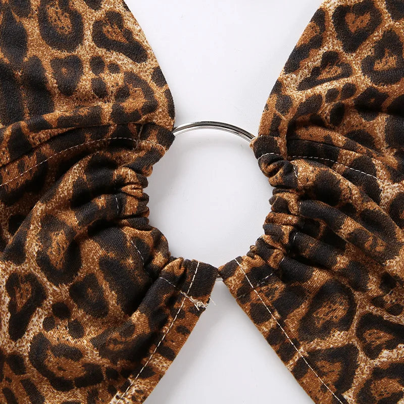 Leopard Print Halter Crop Top for Women Backless Bandage Lace-Up Sequin Metal Ring Detail Party Club Bustier 2025 Style