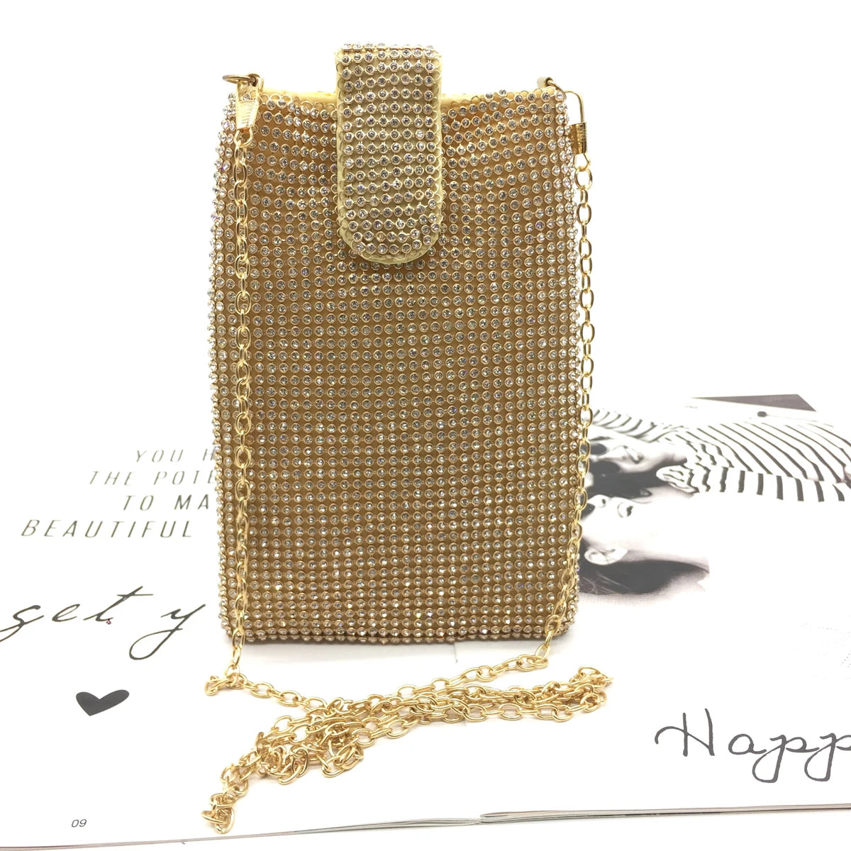 Shiny rhinestone mobile phone wallet, metal chain shoulder lipstick mini bag, dinner party ball messenger bag