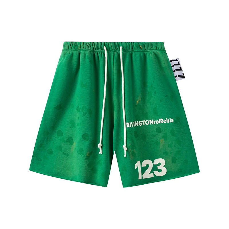 RRR123 2024 New Sports Shorts Heavyweight Washed Graffiti Print Vintage Drawstring Capris Casual High Street Loose Curled Y2K