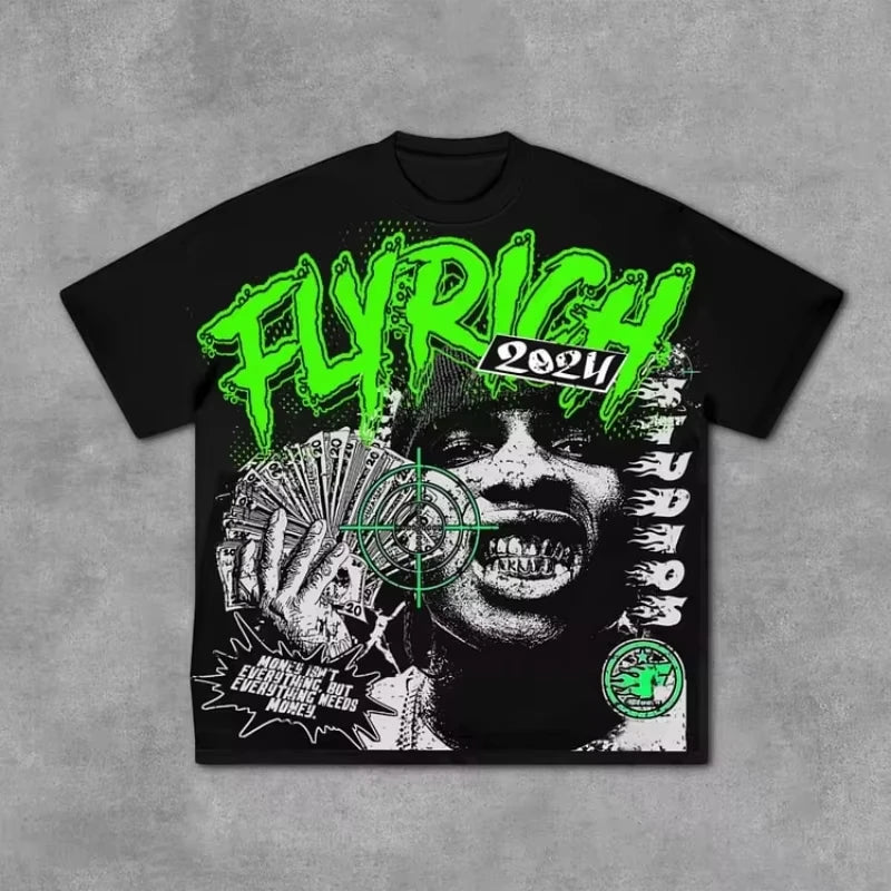 Fly Rich Abstract Human Face Graphic 100% Cotton T-Shirt Men Y2K Summer Short Sleeves Oversize Tshirt Streetwear Women Tops