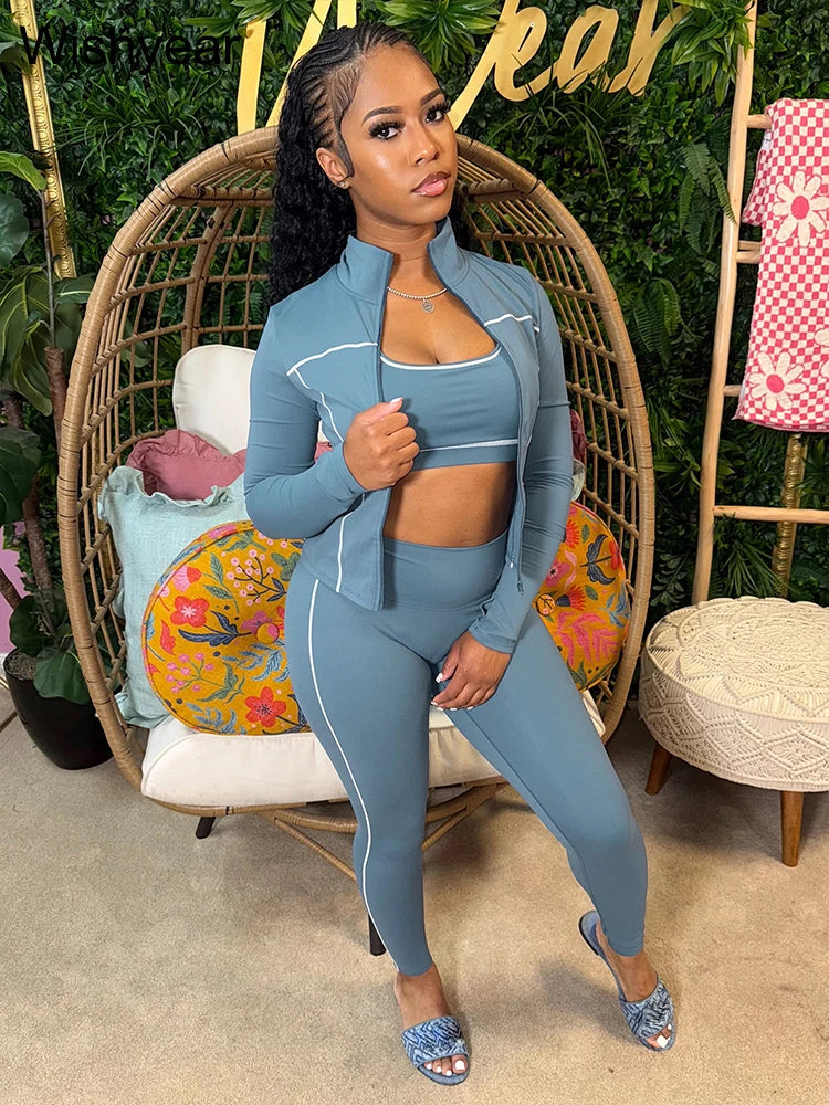 Sports Women's Stripe Pink 3-Piece Pants Set Long Sleeve Crop Top Tank Leggings Skinny Autumn Active Fitness Streetwear Outfits