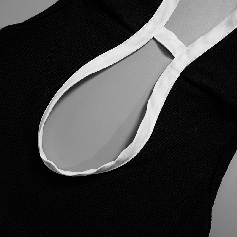 Weird Puss Hollow Backless Women Playsuits Bandage Polo Neck Full Sleeve Skinny Contrast Color Hipster High Street Sexy Romper