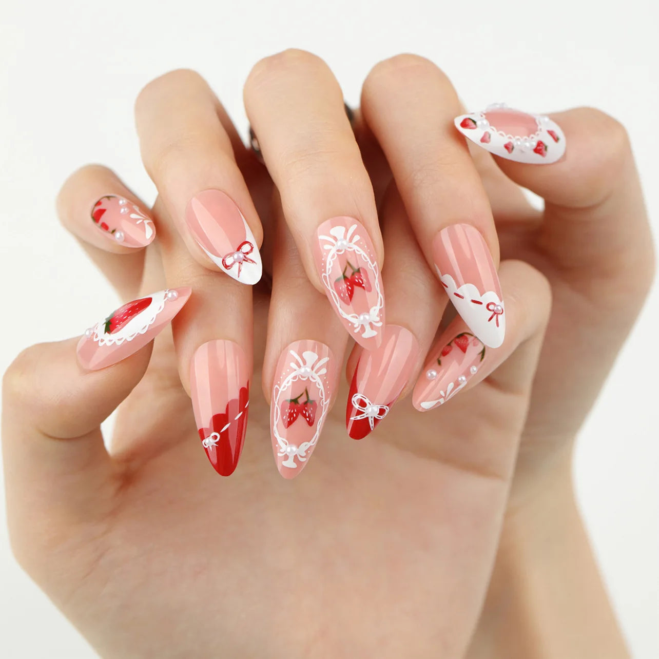 24pcs White Flower Fake Nail Tips Ins Yellow Pink Blush False Nails Wearable Full Cover European Almond Shaped Press on Nails