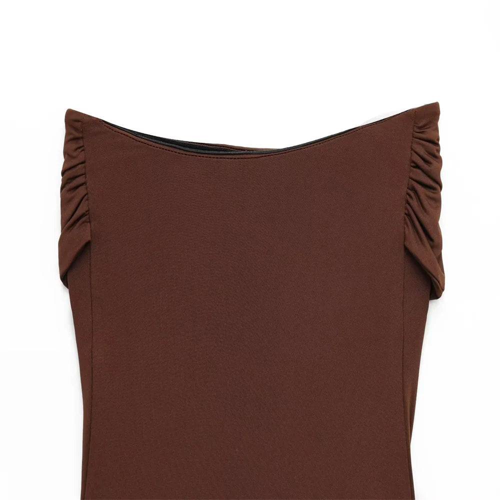 PB&ZA 2025 Women Off Shoulder whole Swimsuit with Decorative Buckle Stylish Black and Brown Design