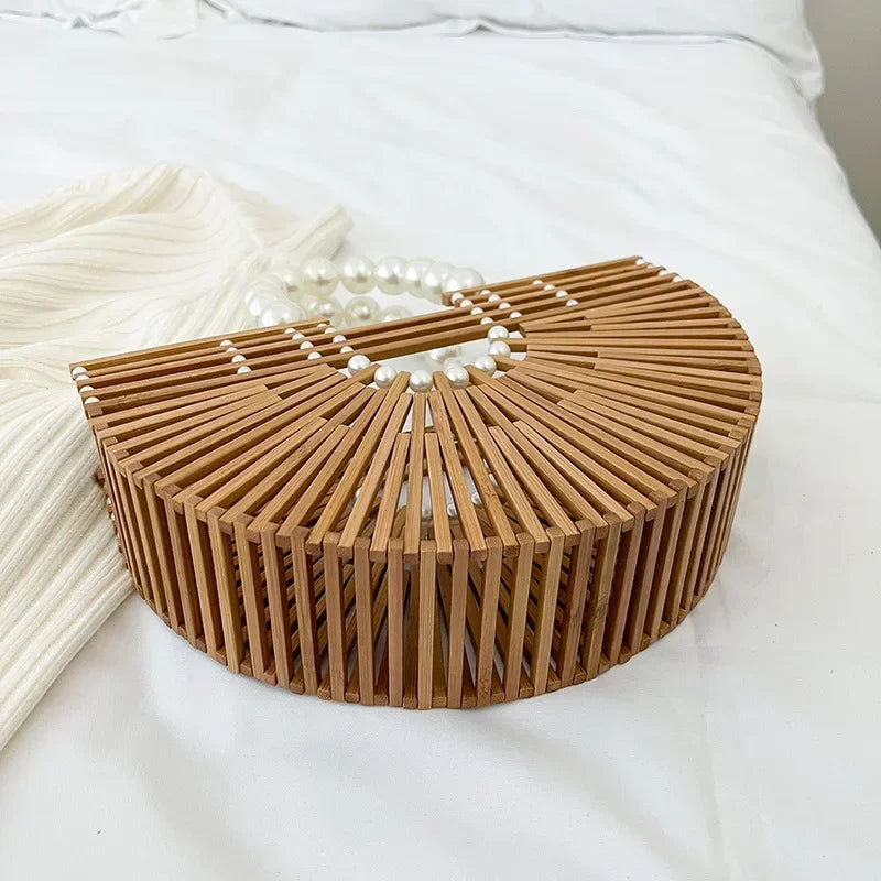 Women's Hand - Woven Bamboo Bag | Bamboo Woven Basket Style, Beach Vacation Essential, Handheld Bucket Design