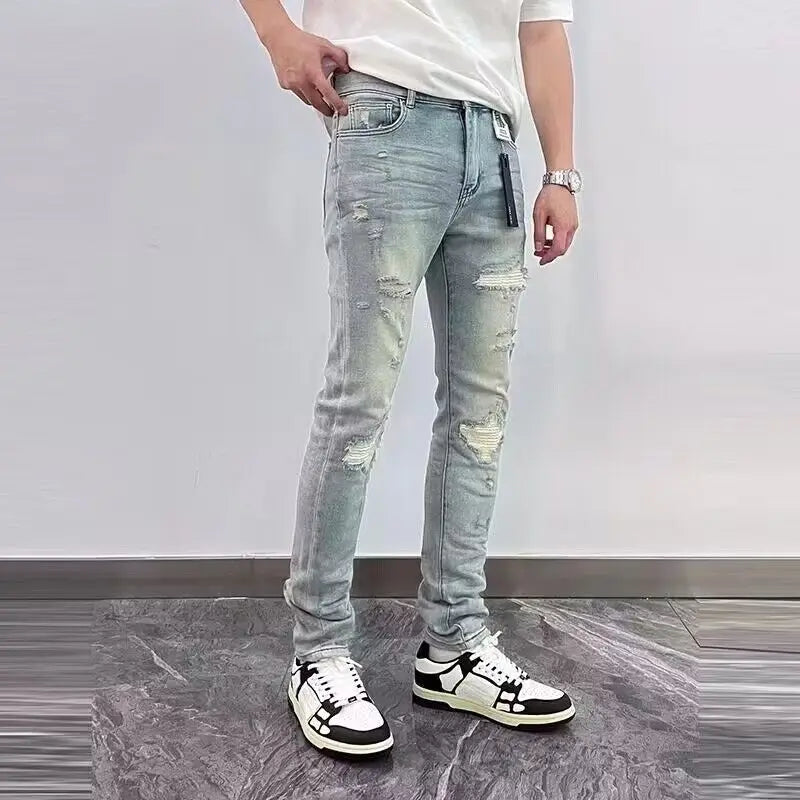 2025 Spring New Ripped Hole Denim Man's Pants Washing Light Blue Hip Hop Slim Fit  Men's Trousers High Street Blue beggar Jeans