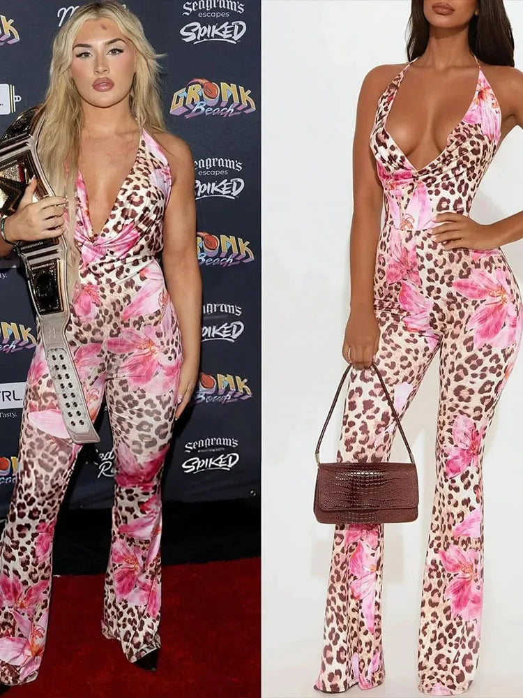 Weird Puss Orchid Leopard Jumpsuit Women Y2K Sexy Halter Backless Midnight Workout Activity Stretch Fitness Overalls Clubwear