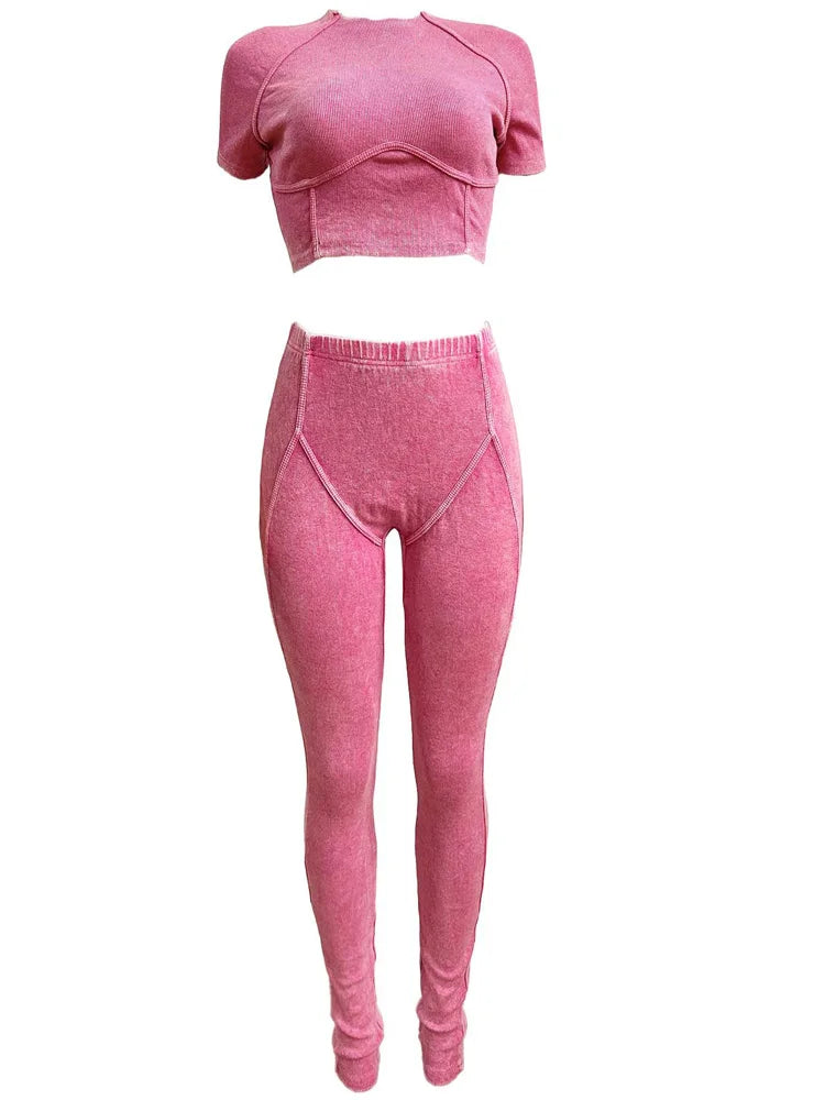 Kricesseen Breaking The Rules Mineral Wash Set Two-Piece Outfits Casual Ribbed Tracksuits Set Night Club Outfits Fitted Overalls