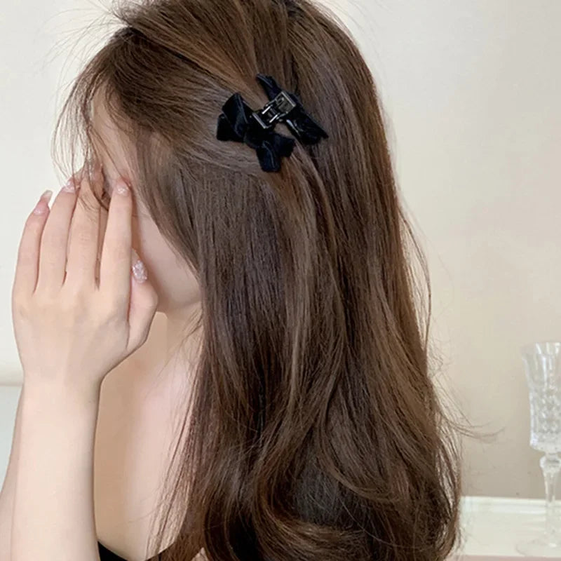 Korean 1/2pcs Sweet Black Red Bow Small Hair Claw Clip Princess Velvet Bow Hair Clip Claw Clamp Headwear Girls Women