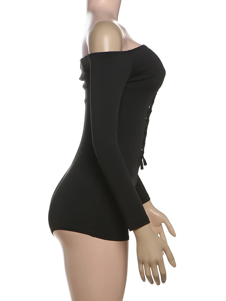 Weird Puss Hollow Knot Playsuit Women Slash Neck Summer Sexy Exposed Coquette Skinny Hottie Midnight Club Party Stretch Romper