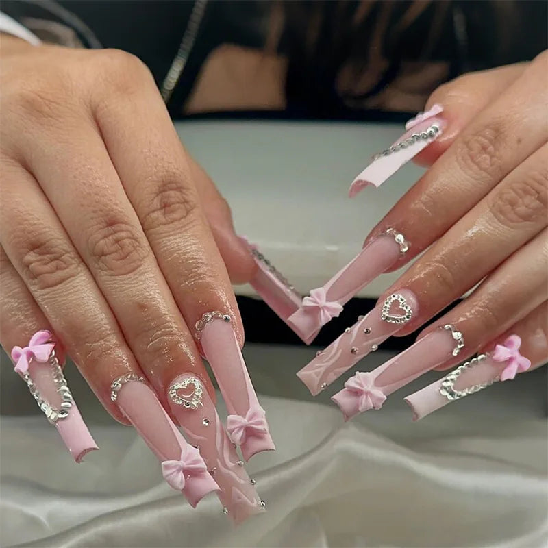 24pcs Long French Fake Nail with Pink Bow Design Sweet Ballet False Nail Tips for Lady Women Wearable European Press on Nails