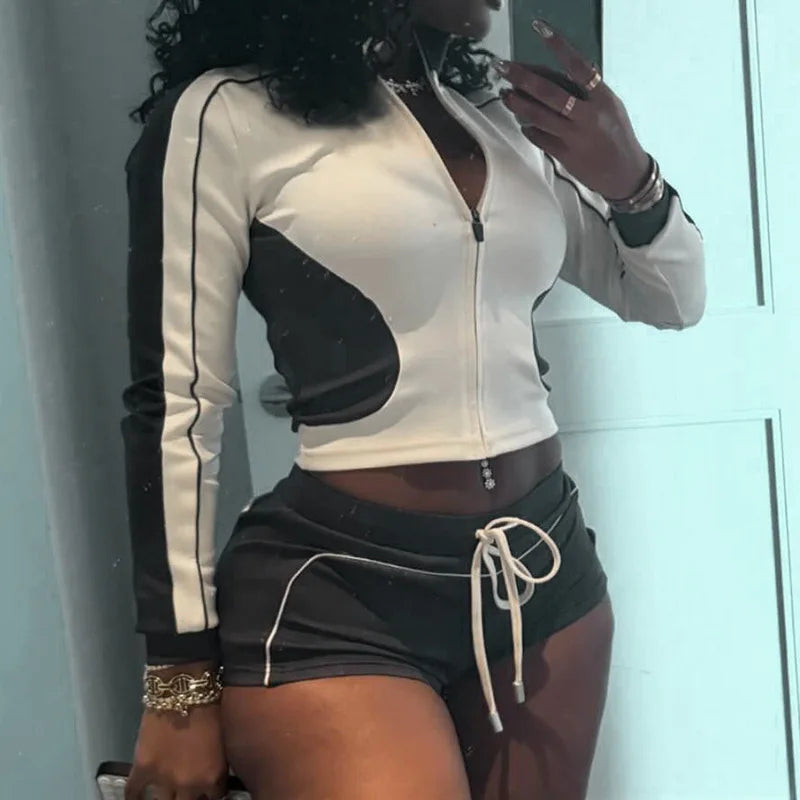 STYLISH LADY Contrast Color Sporty 2 Piece Set Women Long Sleeve Zipper Crop Top and Drawstring Short Suits 2025 Workout Outfits