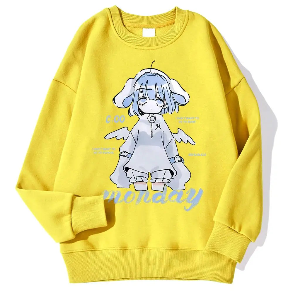 Harajuku Anime Girl Design Womens Sweatshirts Couples Kawaii Hoodie Comfortable Crewneck Clothes All-Match Fleece Streetwear