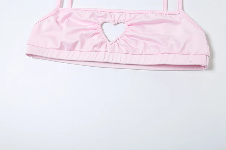 Weird Puss Heart Hollow 2 Piece Set Women Simple Vacation Camisole+Panties Beach Style Matching Stretch Street Comfortable Suit