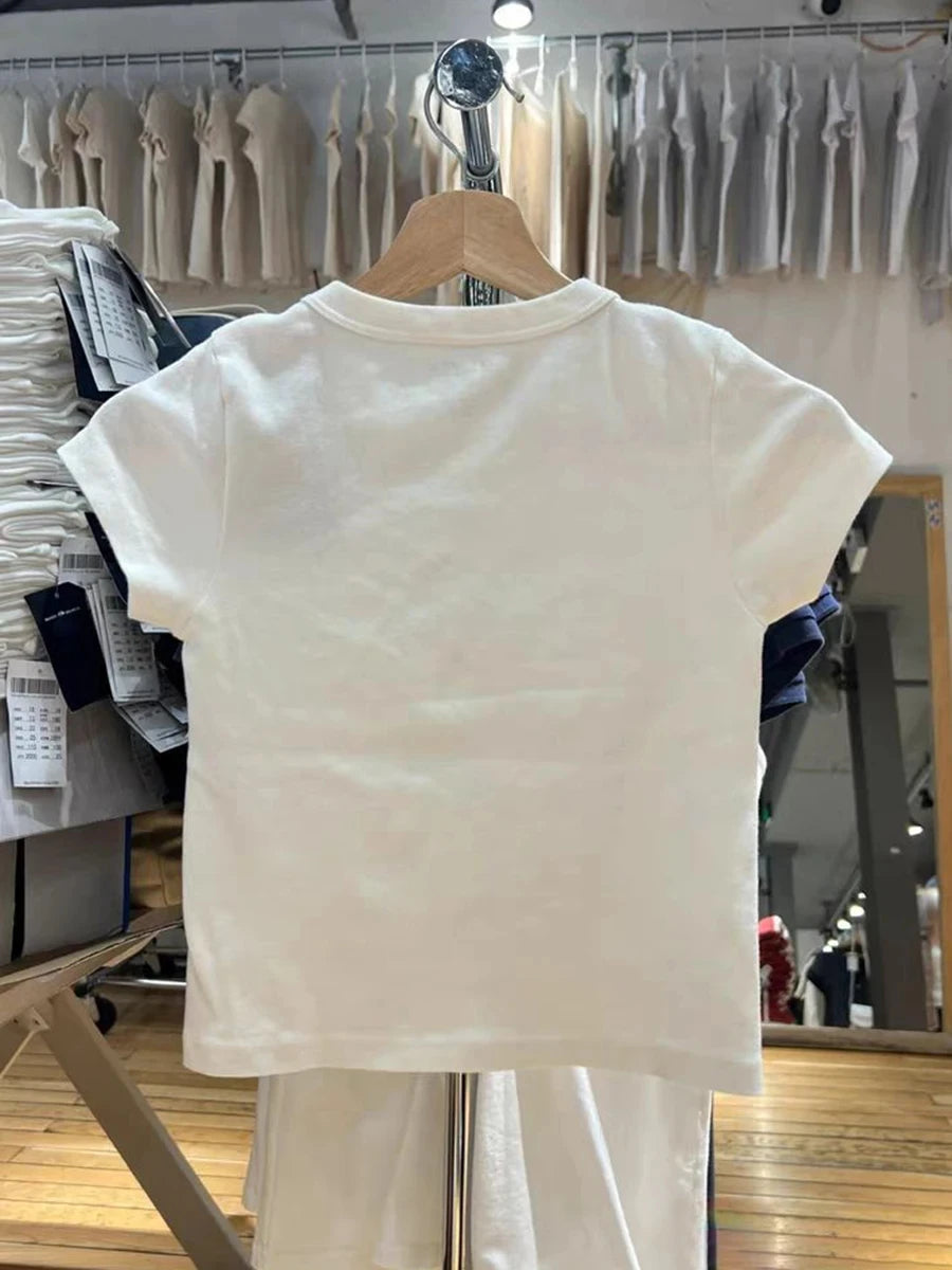 Sweet Star Appliques Slim Crop Top ladies Round Neck Y2K Tops