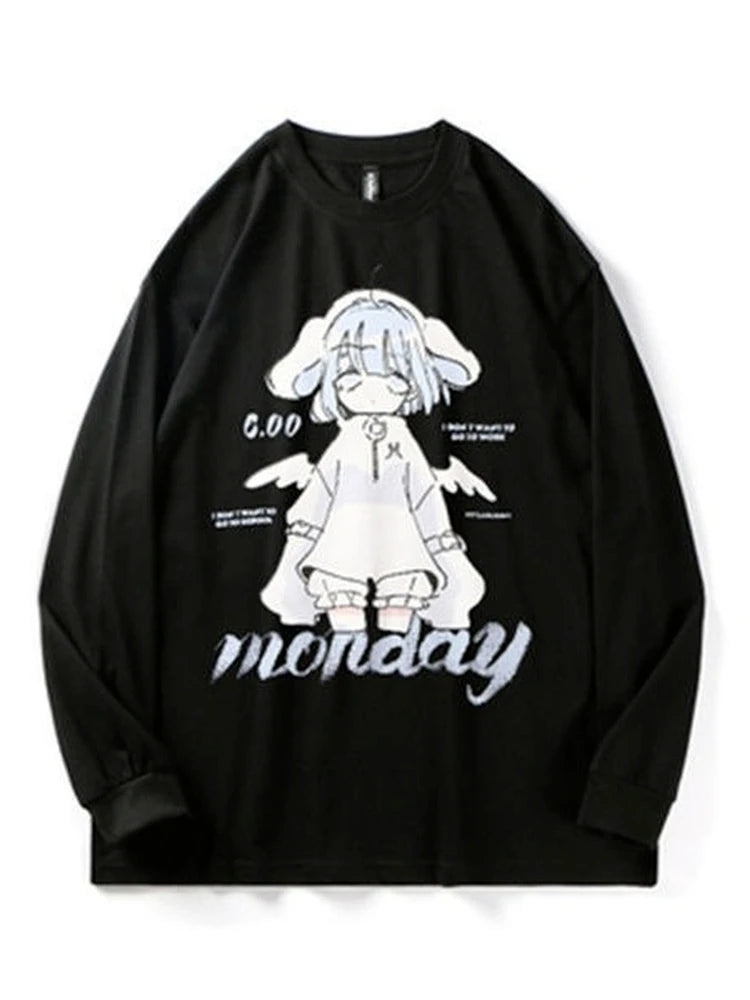 Harajuku Anime Girl Design Womens Sweatshirts Couples Kawaii Hoodie Comfortable Crewneck Clothes All-Match Fleece Streetwear