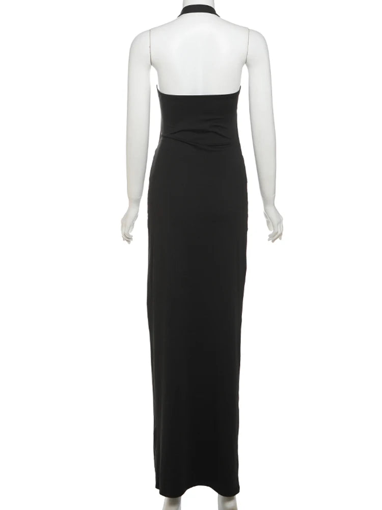Weird Puss Backless Hollow Dress Women Pleated Sexy Solid Slim Halter Knot Sleeveless Elegant Midnight Clubwear Party Vestidos