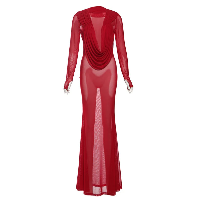 Weird Puss Sexy Thin Mesh Dress Women Deep Swing Collar Ruched Elegant Birthday Prom Party Clubwear Stretch Skinny Maxi Bodycon