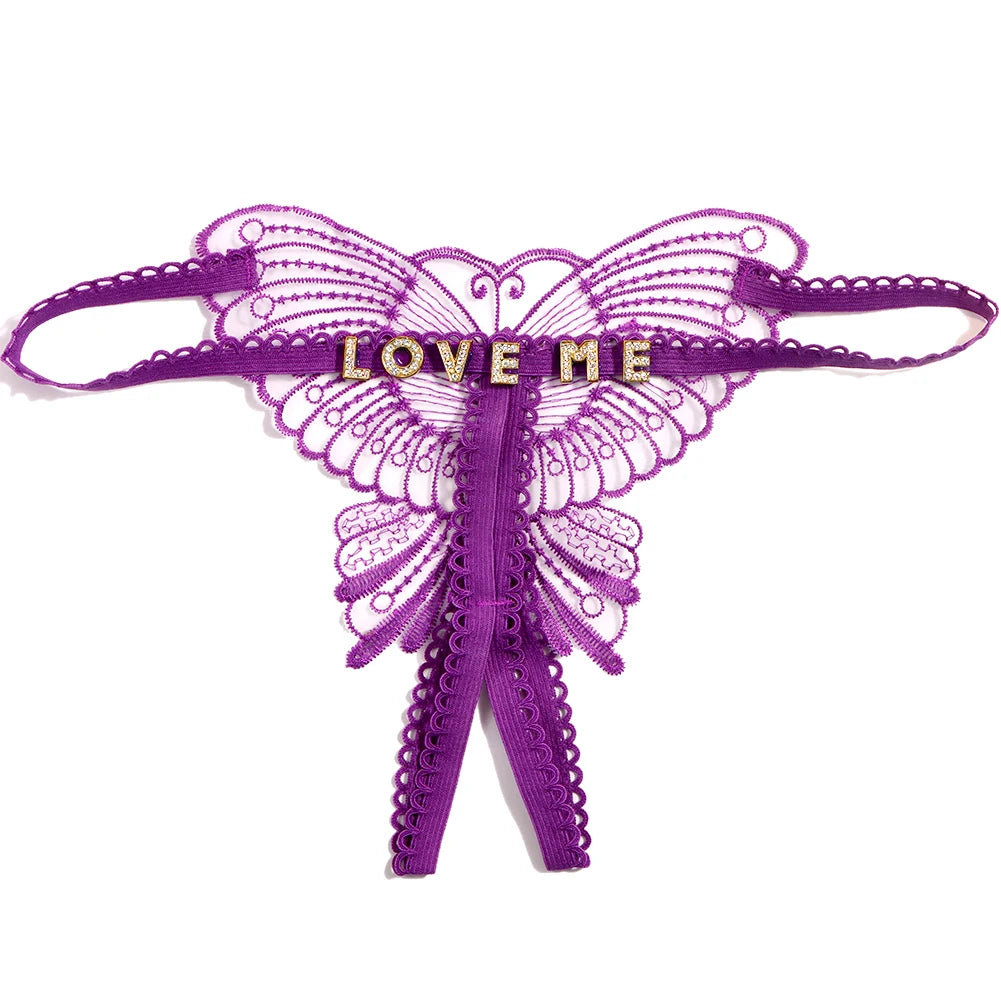 Sexy Butterfly Lace Panties Custom Name Crystal Letter Underwear Thong Transparent Lingerie Personality Girls Intimates Gift
