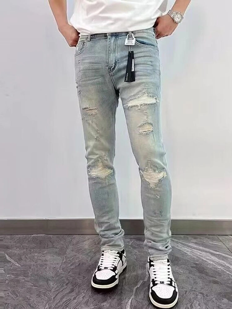 2025 Spring New Ripped Hole Denim Man's Pants Washing Light Blue Hip Hop Slim Fit  Men's Trousers High Street Blue beggar Jeans