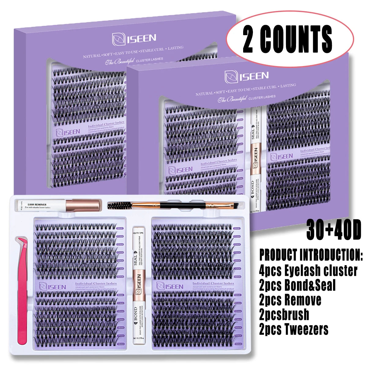 ISEEN DIY Eyelash Extension Kit Cluster Mix Eyelashes Full  Lashes Kit with Lash Bond & Seal and Eyelash Tweezers and Brush