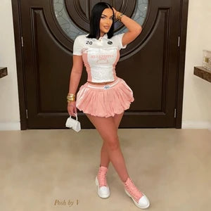 STYLISH LADY Lace Letter Printed 2 Piece Set Women Short Sleeve Crop Top and Mini Skirt Suits 2025 Summer Sexy Club Party Outfit