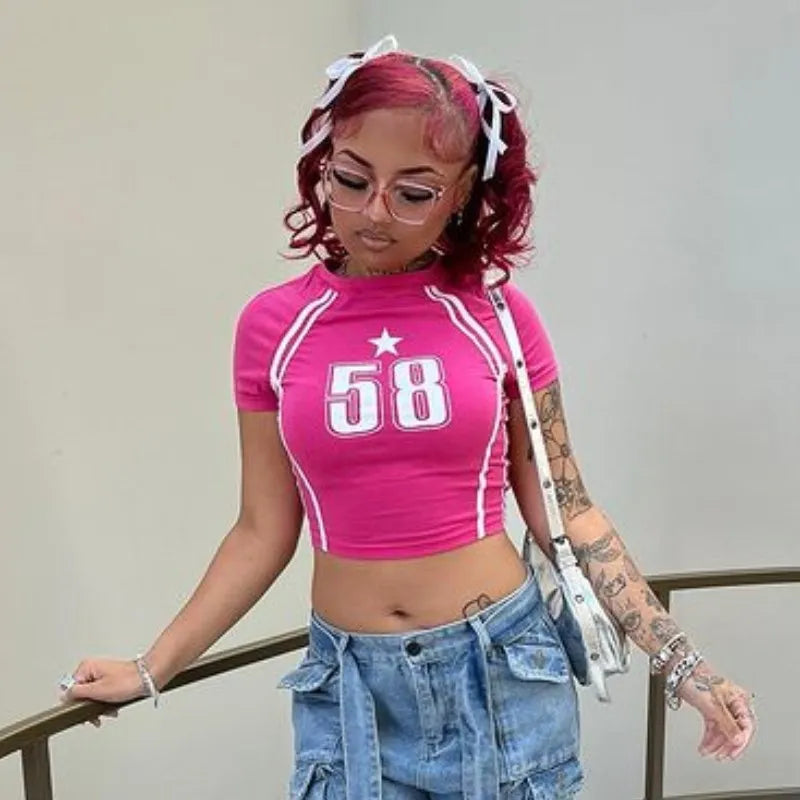 Harajuku Women's Summer Kawaii T-shirt Short Sleeve Slim   Streetwear Funny Star Letter Print Gothic Top T-shirt E-girl Crop Top