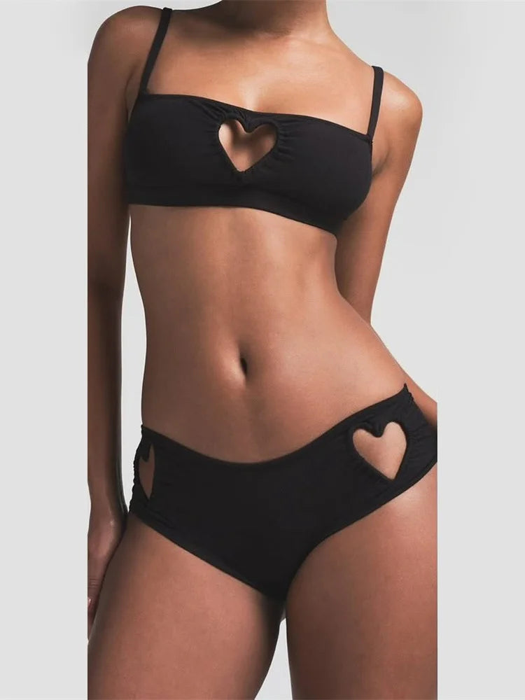 Weird Puss Heart Hollow 2 Piece Set Women Simple Vacation Camisole+Panties Beach Style Matching Stretch Street Comfortable Suit