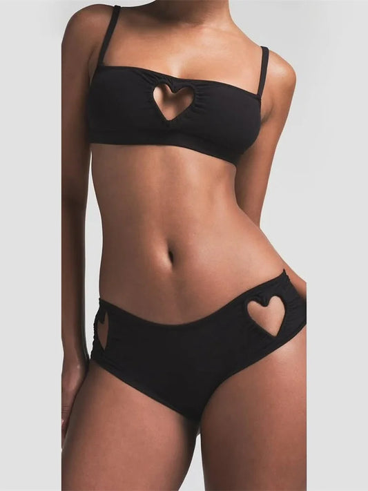 Weird Puss Heart Hollow 2 Piece Set Women Simple Vacation Camisole+Panties Beach Style Matching Stretch Street Comfortable Suit